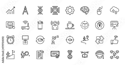 Education, science, and technology line icon set. Vector pictograms of DNA, microchip, brain, online learning, presentation, diploma, and graduation caps, thin linear illustration.