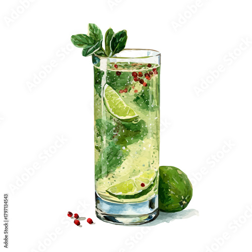 A beautiful watercolor sparkling holiday drink isolated on a white background, painting style, vector set available in EPS format. Hand-painted watercolor design, vectorized	