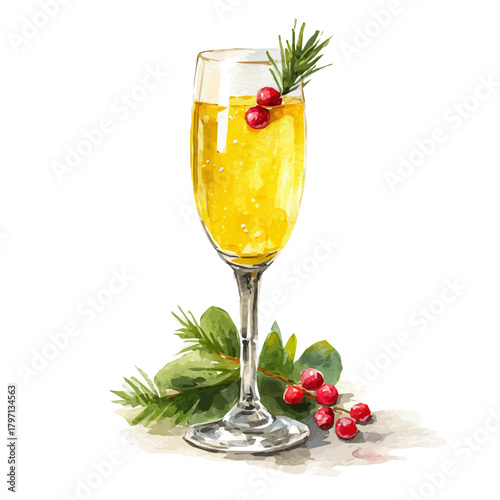 A beautiful watercolor sparkling holiday drink isolated on a white background, AI painting style, vector set available in EPS format. Hand-painted watercolor design, vectorized	