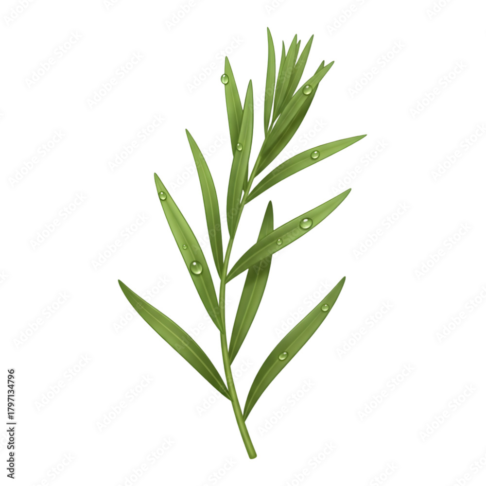 Fototapeta premium Green Tarragon Herb Sprig with Dew