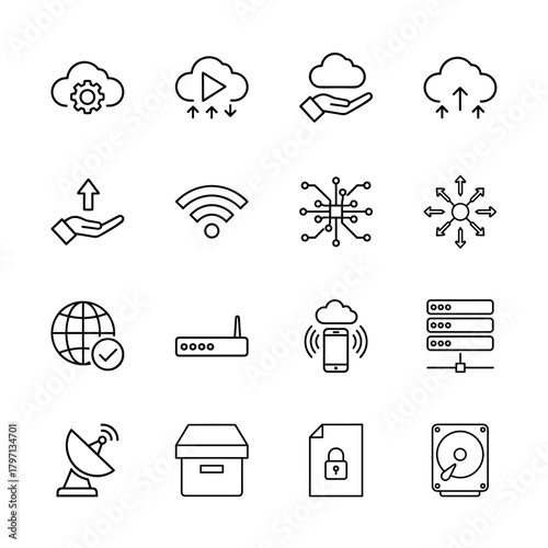 Cloud computing and network line icon set. Vector pictograms of data transfer, wireless connection, server, global network, router, hard drive, and secure file, thin linear illustration.