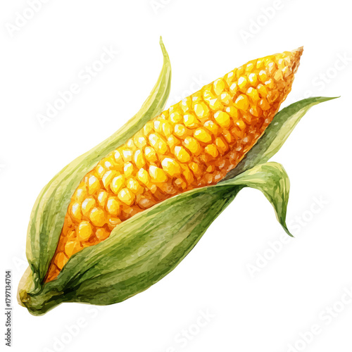 A beautiful watercolor sweet corn cob isolated on a white background, AI painting style, vector set available in EPS format. Hand-painted watercolor design, vectorized	