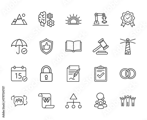General concept line icon set. Vector pictograms of brain, robot, quality, umbrella, gavel, document, padlock, calendar, and teamwork, thin linear illustration.