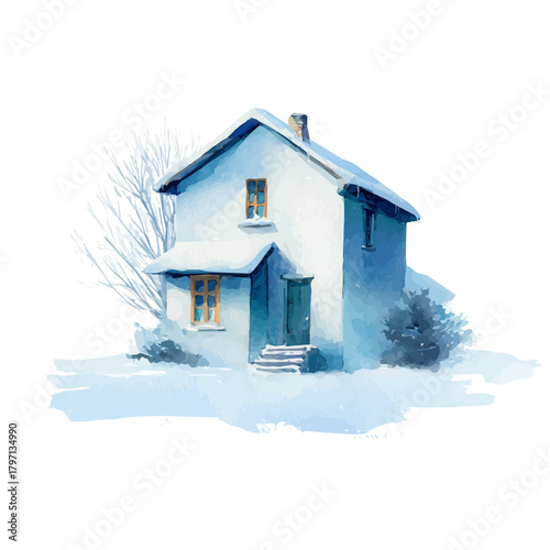 A beautiful watercolor white snowy village house isolated on a white background, Hand-painted watercolor design, vectorized, painting style, vector set available in EPS format. simple design