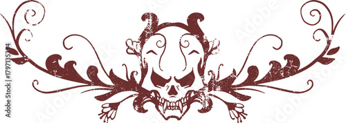 Vintage Gothic Skull and Floral Scrollwork Emblem