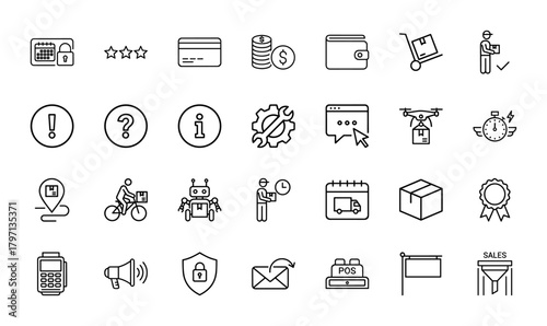 E-commerce and delivery logistics line icon set. Vector pictograms of credit card, drone, robot, package, payment terminal, security shield, and sales funnel, thin linear illustration.