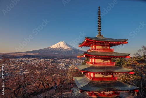 Photos Stunning view of Chureito Pagoda at sunrise with Mount Fuji in the background,Yamanashi Prefecture, Japan