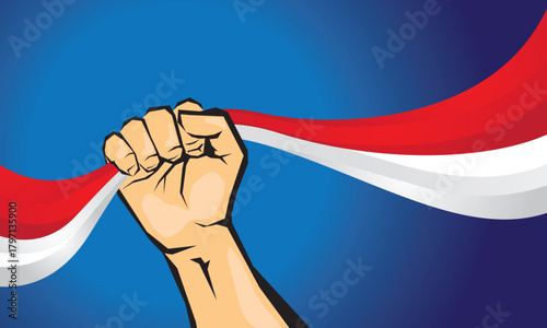Hand raising and holding red and white flag, flag waves on blue background