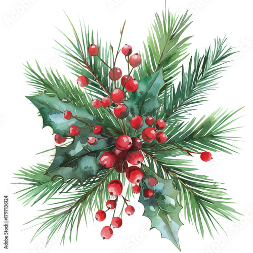 A beautiful watercolor painting of Christmas holly berries isolated on a white background, Hand-painted watercolor design, vectorized, painting style, vector set available in EPS format. simple design