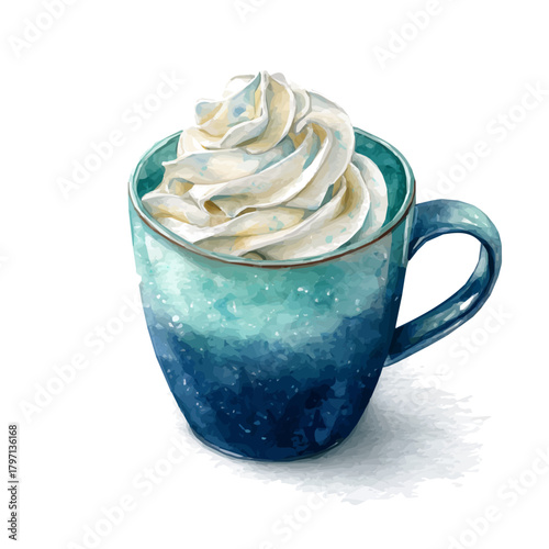 A beautiful watercolor Christmas mug with whipped isolated on a white background, Hand-painted watercolor design, vectorized, painting style, vector set available in EPS format