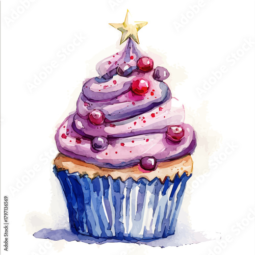 A beautiful watercolor decorated Christmas cupcak isolated on a white background, Hand-painted watercolor design, vectorized, painting style, vector set available in EPS format. simple design