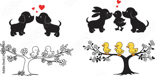 Cute animal couple silhouettes with trees and branches featuring dogs, bunnies, ducks, and birds expressing love, friendship, nature, and happiness