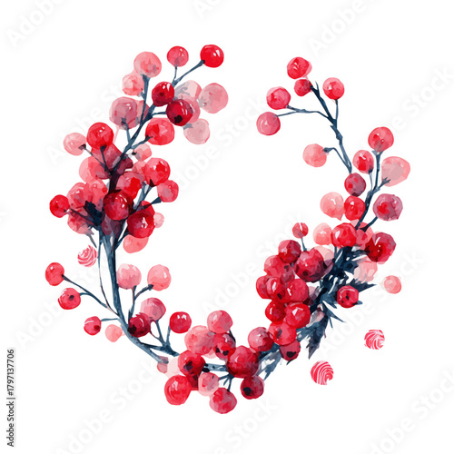 A Watercolor_style_painting_of_holiday_wreath_with_red_berry,, a simple illustration with EPS format design