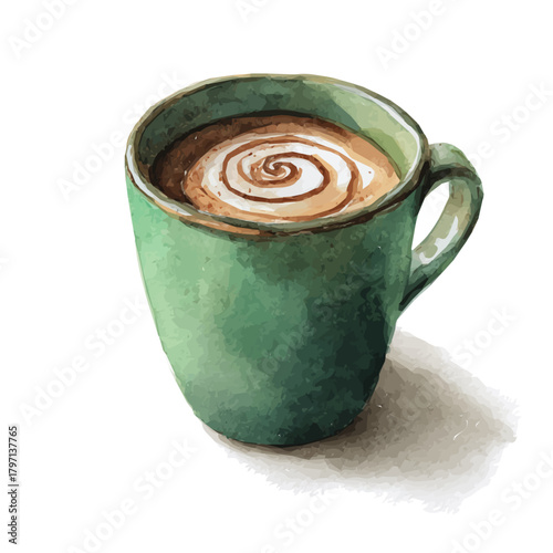 A Watercolor_style_painting_of_latte_in_green_mug, simple eps format illustration, Watercolor_style