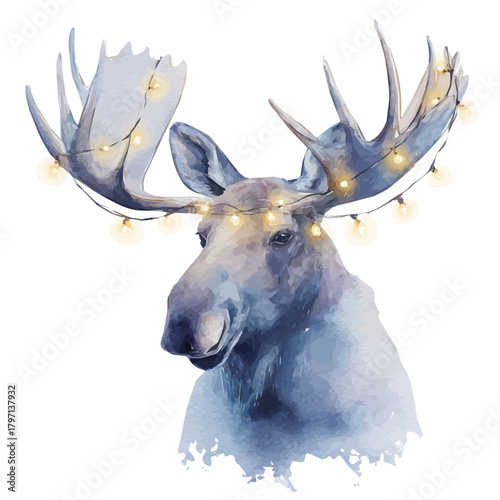 A Watercolor_style_painting_of_moose_with_string_lights, simple eps format illustration