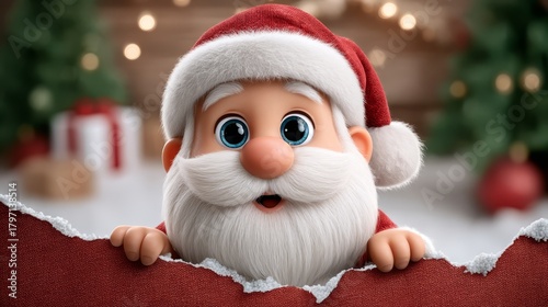 Cheerful cartoon Santa Claus character with big blue eyes and fluffy white beard peeking over a torn red fabric, surrounded by festive decorations and holiday atmosphere