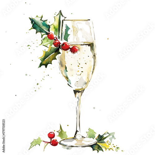 A Watercolor_style_painting_of_sparkling_wine_glass_with_holly_berry, EPS illustration design set