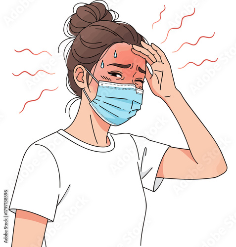 Create a Simple vector illustration of a woman with a mask and heatstroke vector art with white background..
