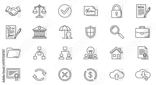 Collection of business and legal icons handshake, scales, checkmark, signature, lock, nda, contract, bank, umbrella, shield, magnifier, briefcase