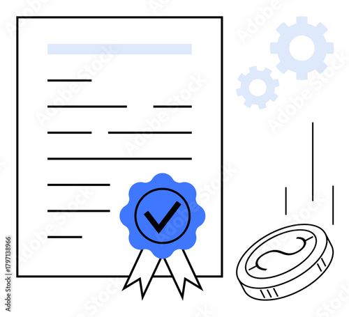 Certified document with blue checkmark seal, falling coin, and gears symbolizing trust, authenticity, approval, finance, and success. Ideal for certification, banking contracts and agreements