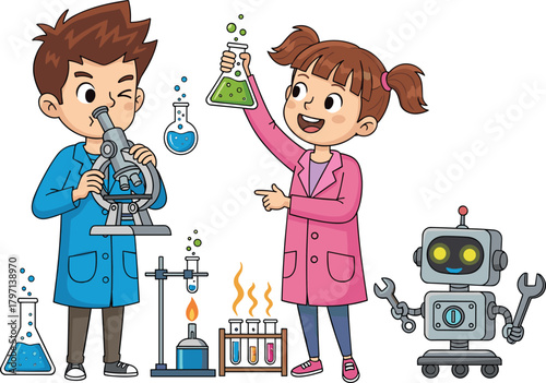 Curious children in lab coats exploring STEM concepts, boy using a microscope and girl holding a flask while experimenting near a cute robot.