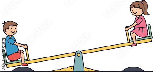 Happy children playing together on a seesaw at the playground, boy and girl balancing on the teeter-totter for fun and cooperation.