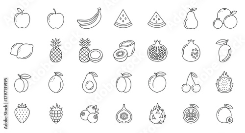 Collection of various fruit icons apple, banana, watermelon, pear, cherry, lemon, pineapple, coconut, kiwi, pomegranate, mango, peach