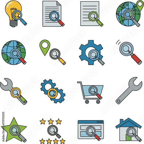 Create a kinds of deferent simple icon with a magnifying glass vector art with white background..