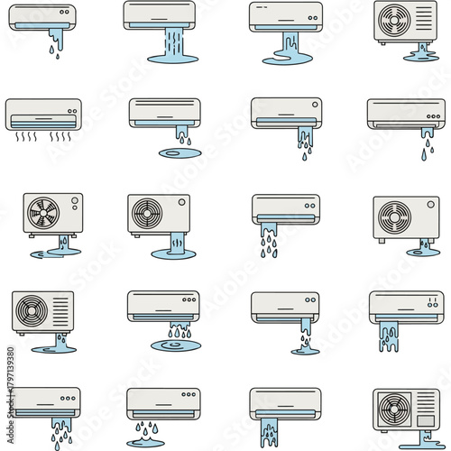 Create a kinds of deferent Simple vector icon illustration of a leaking air conditioner vector art with white background..