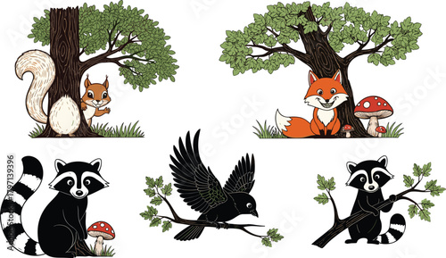 Cute woodland animals under trees with mushrooms and branches, cartoon forest illustration featuring fox, squirrel, raccoon, and bird