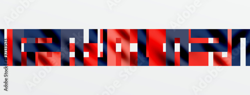 Abstract geometric shapes form colorful banner. Red, blue, white hues dominate composition. Minimalist design suggests modern aesthetic.