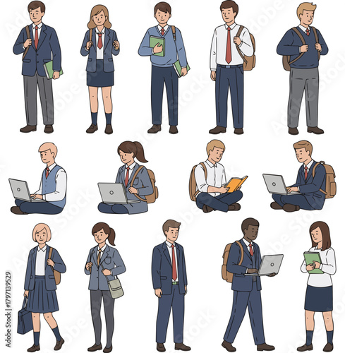 Create a kinds of deferent Simple vector illustration material of male and female students in uniform vector art with white background..