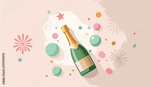Festive Champagne Bottle with Colorful Fireworks and Ney Year Celebration Elements