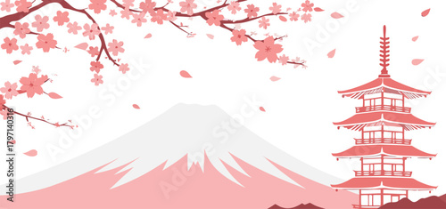 Minimal Pink Japanese Landscape Vector Background with Mountain, Pagoda Tower, and Blooming Cherry Blossoms Template