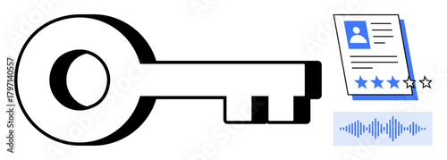 Large key next to a profile review document with a star rating and voice soundwave. Ideal for security, access control, credentials, identity verification, authentication, data privacy, simple flat