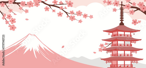 Minimal Pink Japanese Landscape Vector Background with Mountain, Pagoda Tower, and Blooming Cherry Blossoms Template