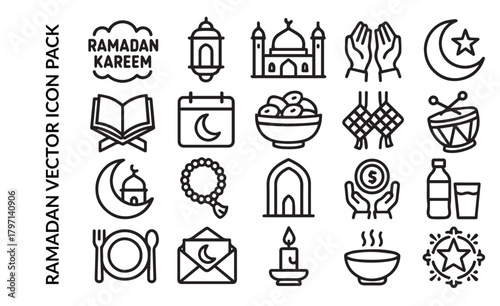 Ramadan Kareem Vector Icon Pack. Islamic Holy Month Celebration, Fasting and Culture Line Symbols Collection. Iftar and Suhoor.