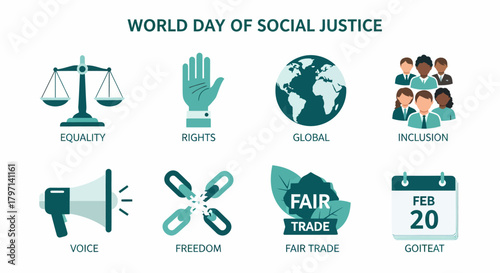 Eight icons representing principles of social justice for World Day of Social Justice