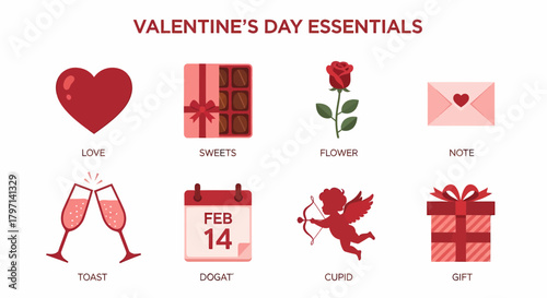 Eight red icons representing Valentines Day essentials arranged in two rows
