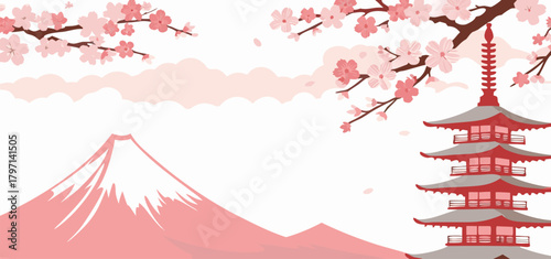 Minimal Pink Japanese Landscape Vector Background with Mountain, Pagoda Tower, and Blooming Cherry Blossoms Template