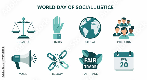 Graphic display for World Day of Social Justice featuring icons for equality rights and inclusion