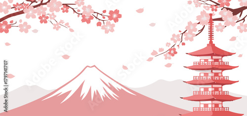 Minimal Pink Japanese Landscape Vector Background with Mountain, Pagoda Tower, and Blooming Cherry Blossoms Template
