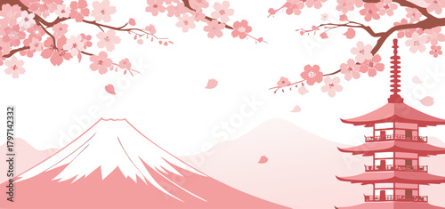 Minimal Pink Japanese Landscape Vector Background with Mountain, Pagoda Tower, and Blooming Cherry Blossoms Template