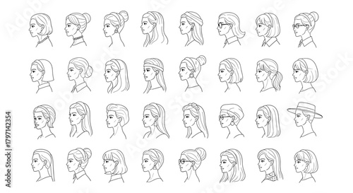 Diverse collection of woman profile portraits a variety of hairstyle and facial features for design and illustration
