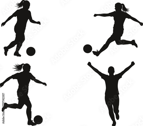 Female soccer player silhouettes performing dynamic football actions, running, kicking, dribbling, and celebrating in energetic sports illustration set for design projects