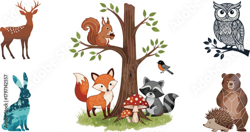 Cute woodland animals illustration with fox, raccoon, deer, bear, owl, squirrel, rabbit, tree and mushrooms in forest design