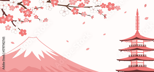 Minimal Pink Japanese Landscape Vector Background with Mountain, Pagoda Tower, and Blooming Cherry Blossoms Template