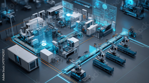 Fully automated smart factory assembly line with robotic arms, AI sensors, and holographic production analytics.