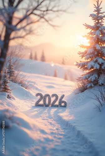 A peaceful snowy winter scene with glowing light and soft bokeh celebrating New Year 2026.