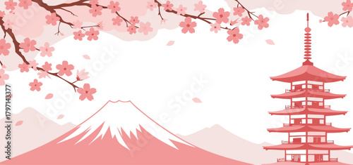 Minimal Pink Japanese Landscape Vector Background with Mountain, Pagoda Tower, and Blooming Cherry Blossoms Template
